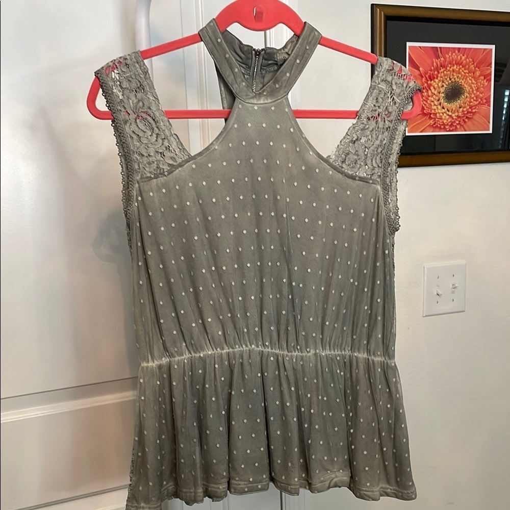 POL Grey Halter Peplum Tank Top with Lace Back and Cutouts NWOT